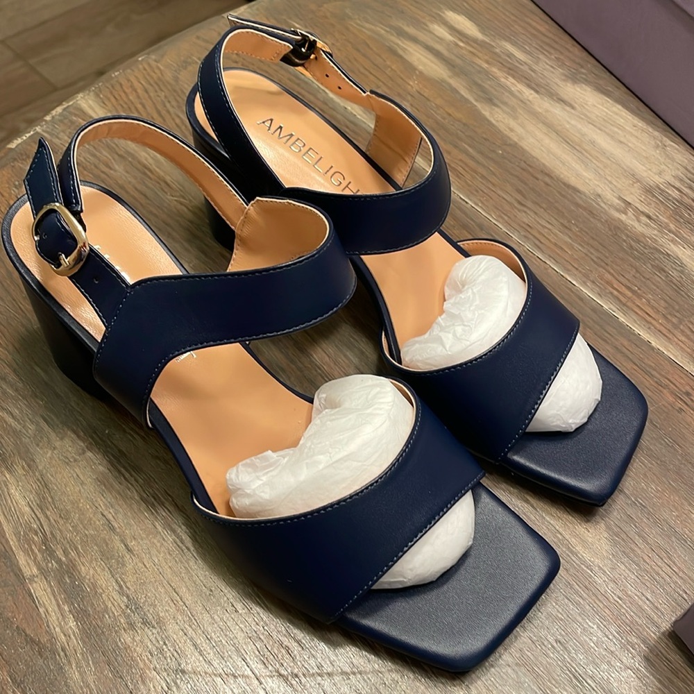 Chunky Heeled Sandals   Navy.  2.5 inch heel size 9